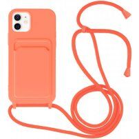 Husă din silicon cu șnur și buzunar de carduri pentru iPhone 12 / 12 Pro - portocaliu neon