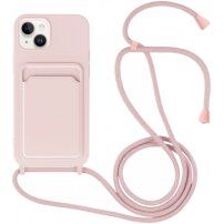 Husă din silicon cu șnur și buzunar de carduri pentru iPhone 13 - roz