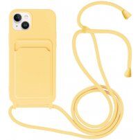 Husă din silicon cu șnur și buzunar de carduri pentru iPhone 13 - galben