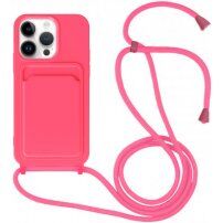 Husă din silicon cu șnur și buzunar de carduri pentru iPhone 13 Pro Max - roz neon