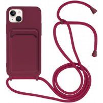 Husă din silicon cu șnur și buzunar de carduri pentru iPhone 14 - vișiniu