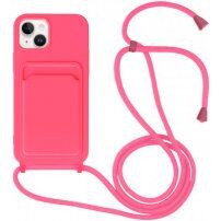 Husă din silicon cu șnur și buzunar de carduri pentru iPhone 14 - roz neon