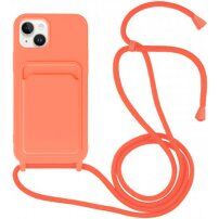 Husă din silicon cu șnur și buzunar de carduri pentru iPhone 14 - portocaliu neon