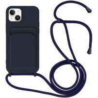Husă din silicon cu șnur și buzunar de carduri pentru iPhone 14 Plus - albastru închis