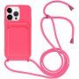 Husă din silicon cu șnur și buzunar de carduri pentru iPhone 14 Pro - roz neon