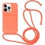 Husă din silicon cu șnur și buzunar de carduri pentru iPhone 14 Pro - portocaliu neon