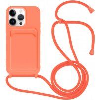 Husă din silicon cu șnur și buzunar de carduri pentru iPhone 14 Pro - portocaliu neon