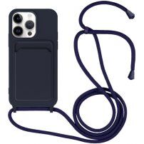 Husă din silicon cu șnur și buzunar de carduri pentru iPhone 14 Pro Max - albastru închis