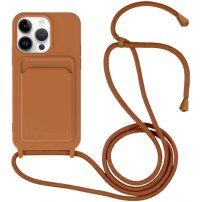 Husă din silicon cu șnur și buzunar de carduri pentru iPhone 14 Pro Max - maro