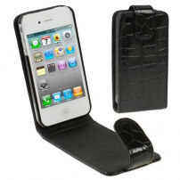 Husă flip, pentru iPhone 4 / 4S, în stil piele de crocodil – neagră
