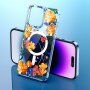 Husă transparentă cu model de flori și MagSafe pentru iPhone 14 Pro - portocaliu