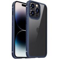 Husă transparentă rezistentă la șocuri cu textura din carbon pentru iPhone 14 Pro - albastru