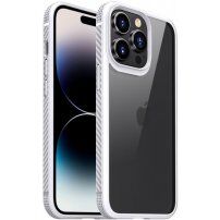 Husă transparentă rezistentă la șocuri cu textura din carbon pentru iPhone 14 Pro - alb