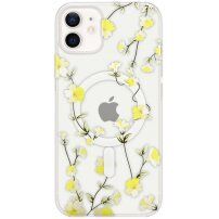 Husă transparentă cu model de flori și MagSafe pentru iPhone 12 / 12 Pro - galben