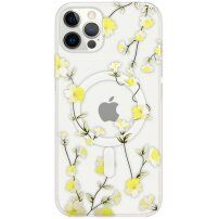 Husă transparentă cu model de flori și MagSafe pentru iPhone 12 Pro Max - galben