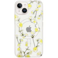 Husă transparentă cu model de flori și MagSafe pentru iPhone 13 - galben