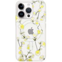 Husă transparentă cu model de flori și MagSafe pentru iPhone 14 Pro - galben