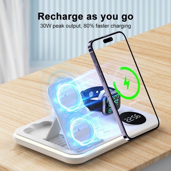 Încărcător wireless multifunctional 4în1 cu ceas pentru iPhone