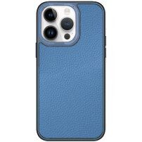 Husă din piele cu cadru metalizat pentru iPhone 14 Pro - albastru