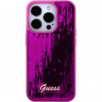 Guess Sequin Script Logo husă cu paiete pentru iPhone 15 Pro - fucsia