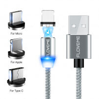 Cablu magnetic FLOVEME Round, USB-A / USB-C / Micro USB / Lightning pentru iPhone / iPad / iPod / AirPods - 1 m - argintiu