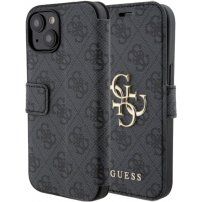 Husă tip flip Guess 4G Metal Logo pentru iPhone 15 - gri