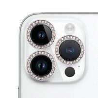 Folie de sticlă securizată cu pietre încrustate pentru protec?ia obiectivului camerei din spate pentru iPhone 15 Pro / 15 Pro Max - argintie