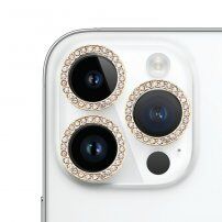 Folie de sticlă securizată cu pietre încrustate pentru protec?ia obiectivului camerei din spate pentru iPhone 15 Pro / 15 Pro Max - aurie