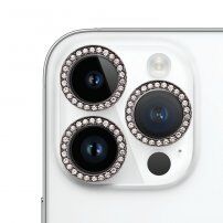 Folie de sticlă securizată cu pietre încrustate pentru protec?ia obiectivului camerei din spate pentru iPhone 15 Pro / 15 Pro Max - neagră