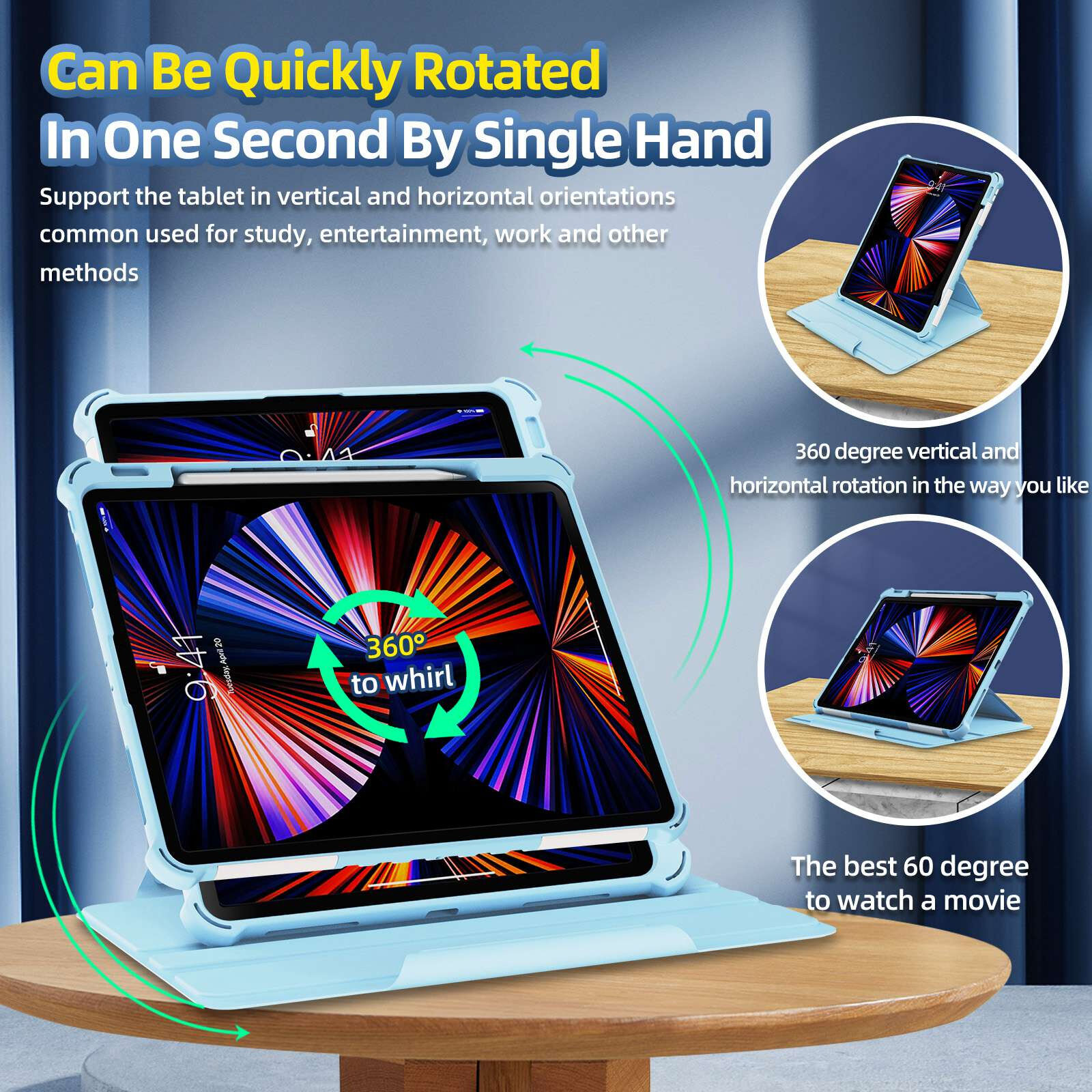 Carcasă durabilă, rotativă la 360°, cu spațiu pentru Apple Pencil pentru iPad Pro 12,9
