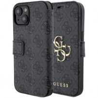 Husă tip flip Guess 4G Metal Logo pentru iPhone 15 Plus - gri