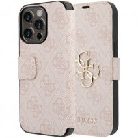 Husă tip flip Guess 4G Metal Logo pentru iPhone 15 Pro - roz