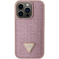 Husă cu ?trasuri Guess Rhinestones Triangle Metal Logo pentru iPhone 15 Pro Max - roz