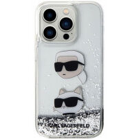 Husă Karl Lagerfeld Liquid Glitter Karl and Choupette Head pentru iPhone 15 Pro Max - argintiu
