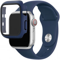 Curea din silicon cu carcasă cu sticlă călită pentru Apple Watch 42mm - albastru închis