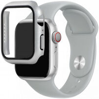 Curea din silicon cu carcasă cu sticlă călită pentru Apple Watch 45mm / 44mm - gri deschis