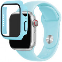 Curea din silicon cu carcasă cu sticlă călită pentru Apple Watch 45mm / 44mm - albastru deschis