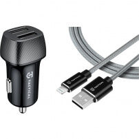 Tactical Field Plug Încărcător auto set dual 12W 2x USB-A cu cablu USB-A / Lightning - MFi pentru iPhone / iPad - 30 cm - gri
