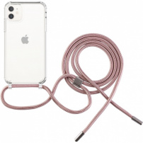 Husă transparentă cu șnur FIXED Pure Neck pentru iPhone 11 - roz
