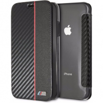 Husă BMW Carbon Red Stripe Book, pentru iPhone XR - negru