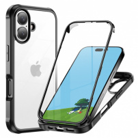 Husă tip carte cu cadru și sticlă călită pentru iPhone 16 - negru
