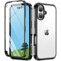 Husă tip carte cu cadru și sticlă călită pentru iPhone 16 - negru