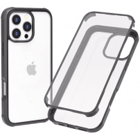Husă tip carte cu ramă și sticlă călită pentru iPhone 16 Pro Max - negru