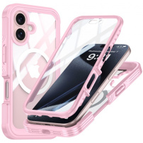 Carcasa rezistenta la socuri cu sticla securizata si MagSafe pentru iPhone 16 - roz