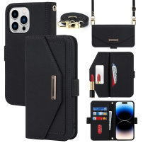 Husă tip portofel cu curea pentru iPhone 15 Pro - neagră