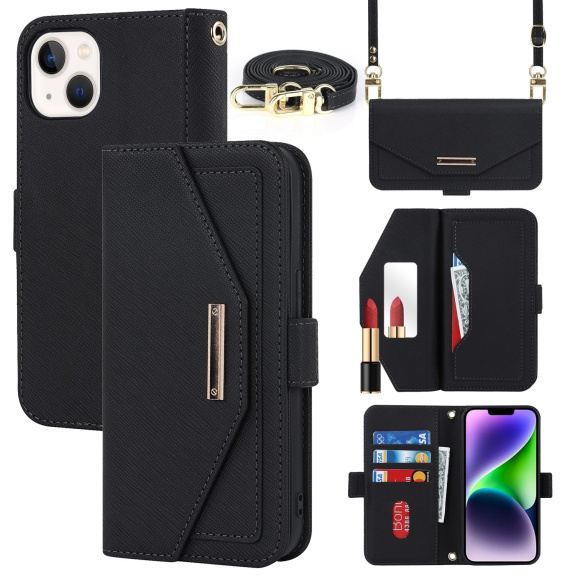 Husă tip portofel cu curea pentru iPhone 15 Plus - neagră