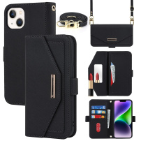 Husă tip portofel cu curea pentru iPhone 15 - neagră