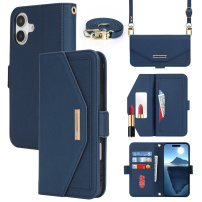 Husă tip portofel cu curea pentru iPhone 16 Plus - albastru închis