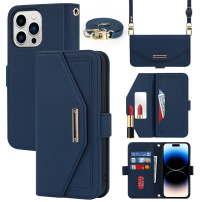 Husă tip portofel cu curea pentru iPhone 15 Pro - albastru închis