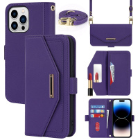 Husă tip portofel cu curea pentru iPhone 15 Pro Max - violet